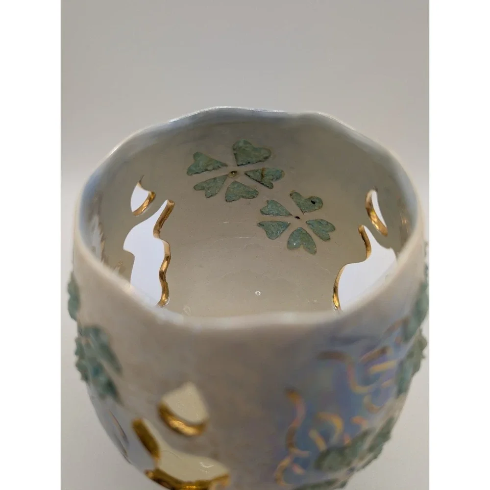 Iridescent Ceramic Tealight Candle Holder Blue Floral Rhinestone Pedestal Decor